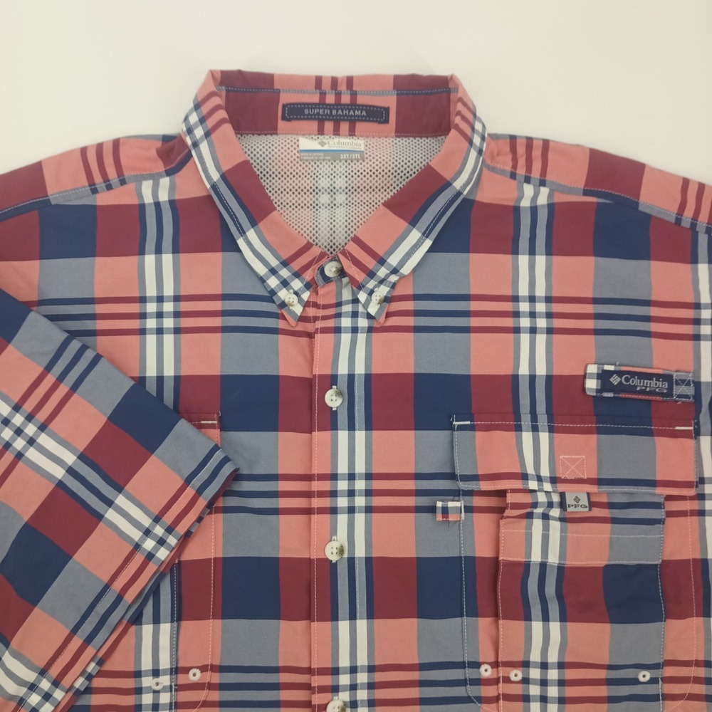 Columbia PFG Super Bahama Fishing Shirt Mens 3XT Plaid Short Sleeve Coral Blue